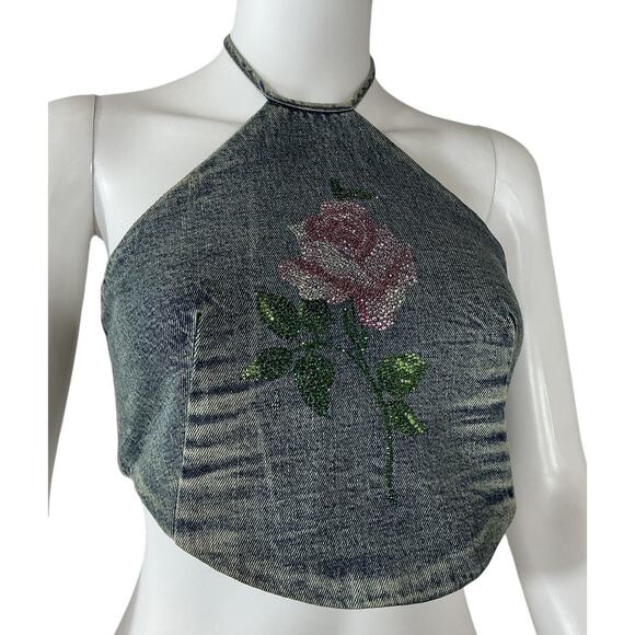 Alessandra Rich Embellished Blue Rose Halter Top Size 40 IT / US 4 - Picture 2 of 4